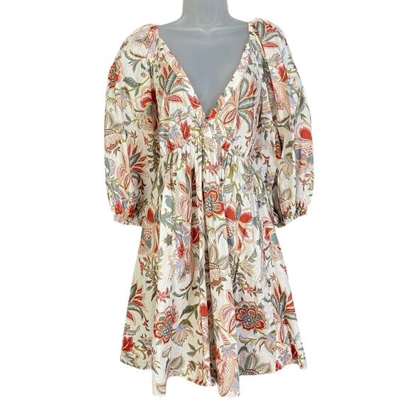 Chufy X Mango Floral Mini Open Back Puff Sleeve Dress Women's 6 - Picture 2 of 5